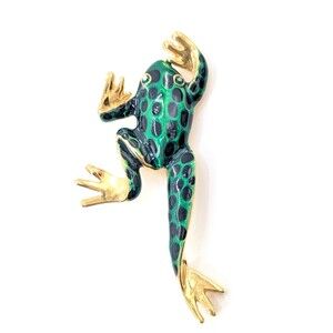 Frog Large Vintage Enamel Gold Tone Emerald Color Rhinestone Eyes Spring 3.75"